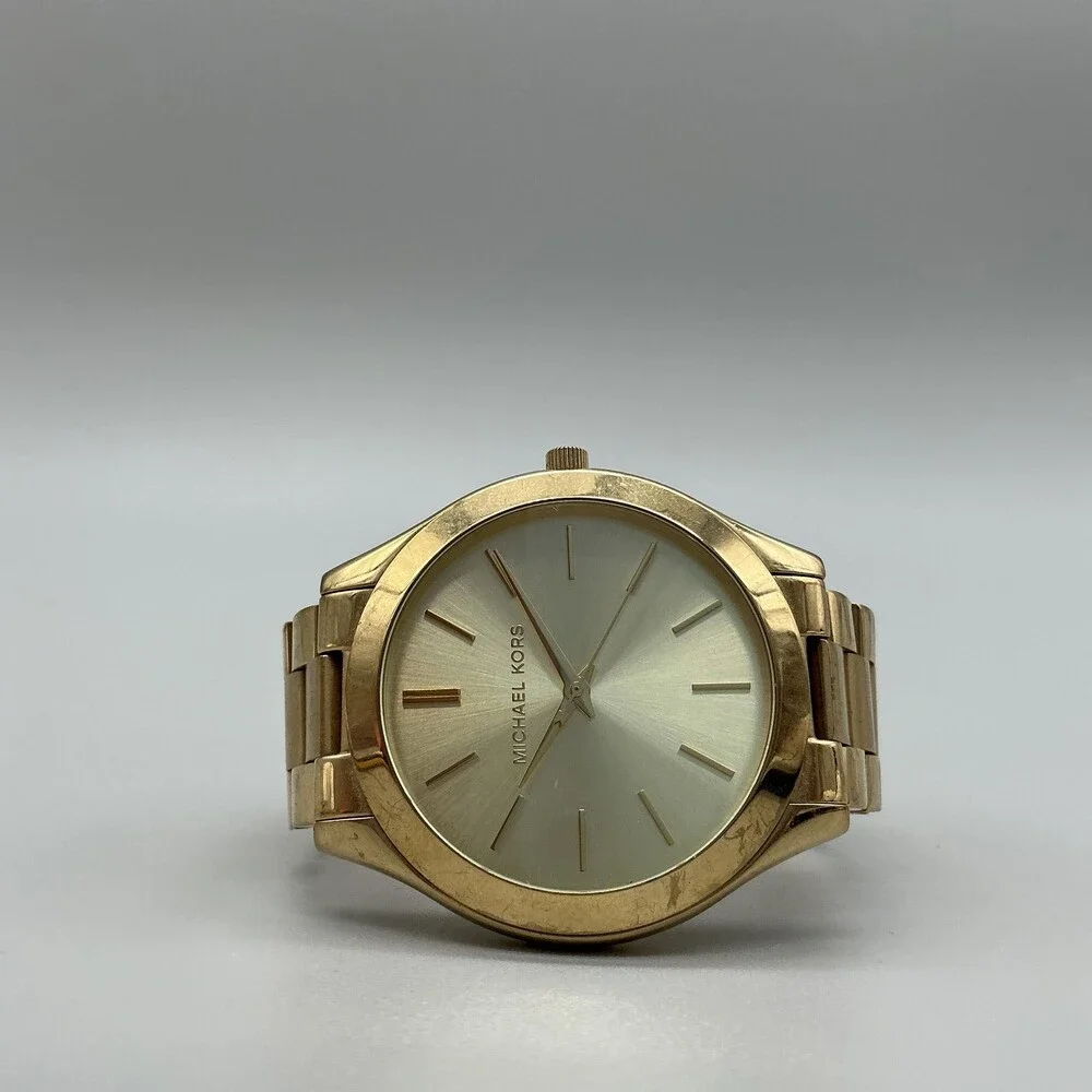 Michael Kors Slim Runway Womens Watch 42mm Gold Tone Bracelet New Battery 6